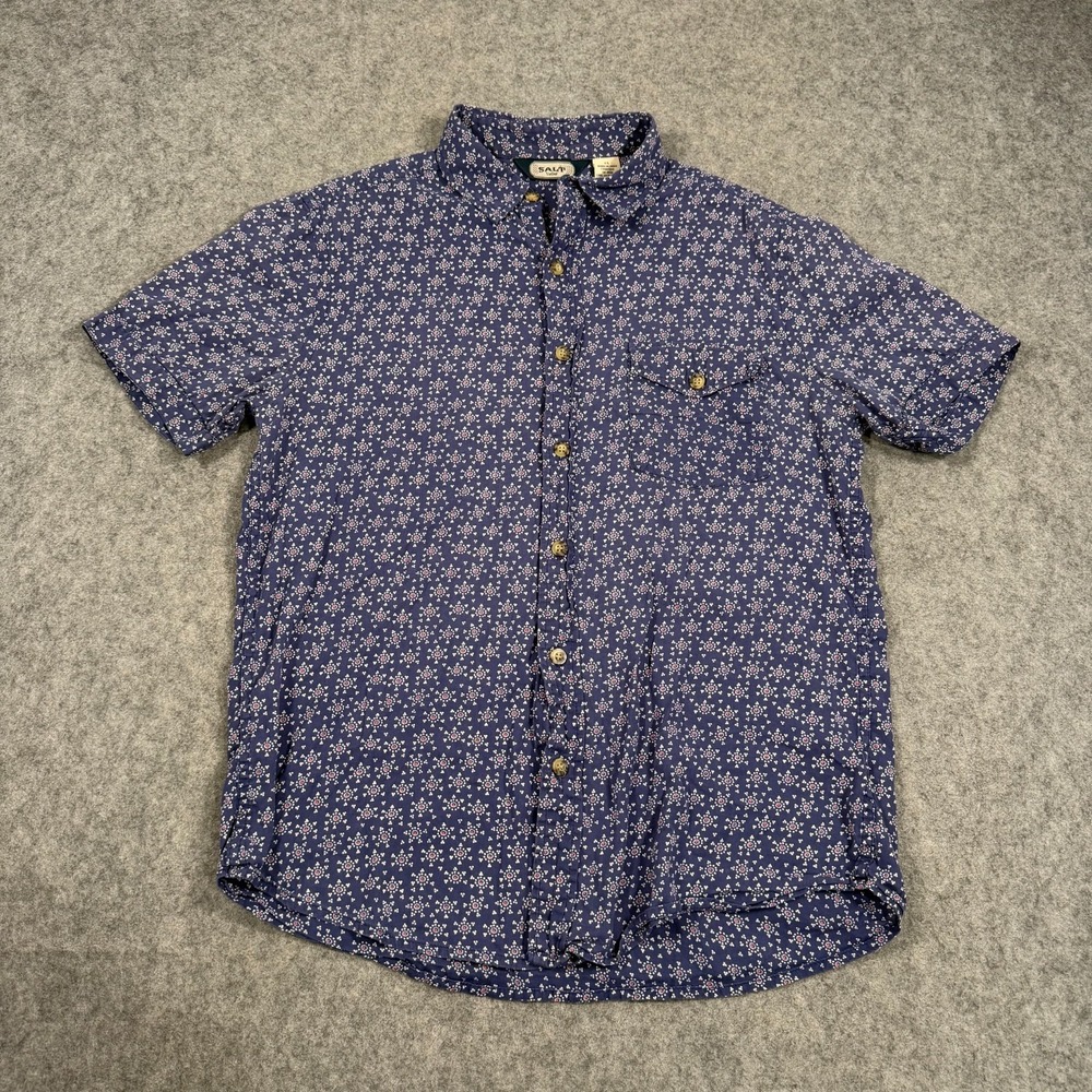 Salt Valley Navy Blue Printed Short Sleeve Button Down Shirt‎ Men's Size Medium